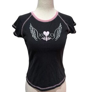 VTG Early 2000s Black & Pink Y2K XOXO Grunge Girly Heart & Wings Design‎